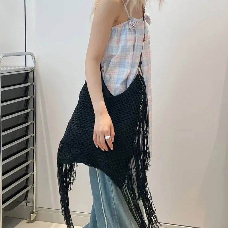 

Designer Hollow Out Woven Handbag Bohemian Beach Shoulder Bag For Women Fashion Crochet Knitted Bag Large Capactiy Travel Tote