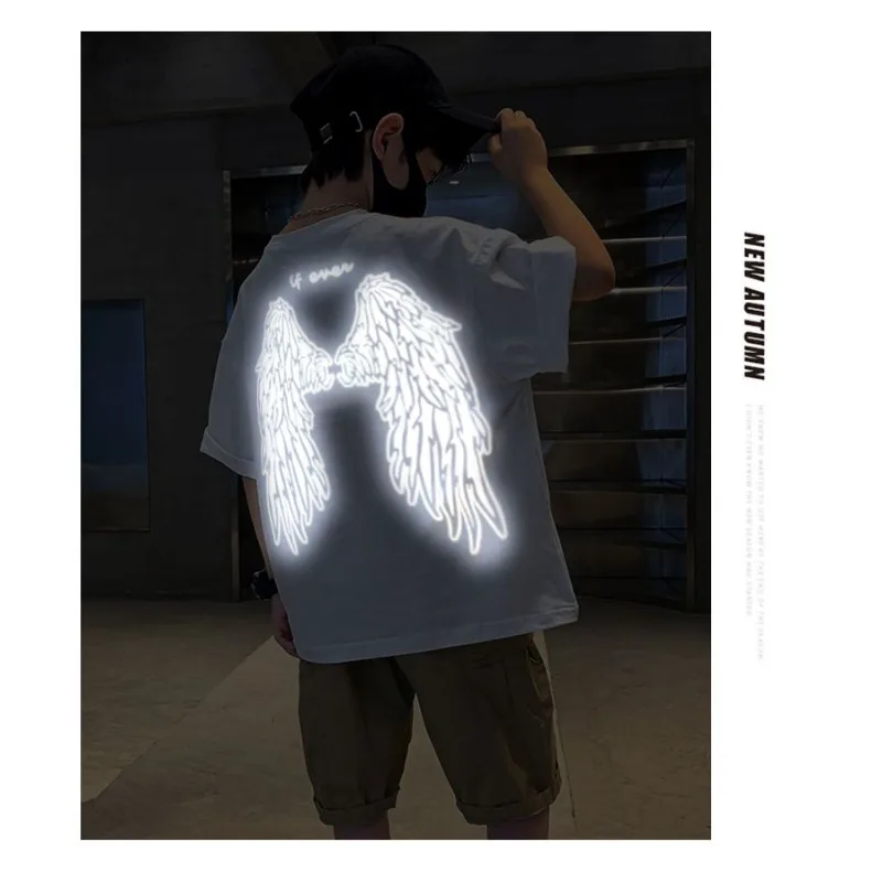 الشباب أجنحة عاكسة تي شيرت القطن قصير الأكمام المحملة فضفاضة تناسب الصيف أعلى المراهقين بنين بنات ملابس الشارع الشهير ملابس عصرية