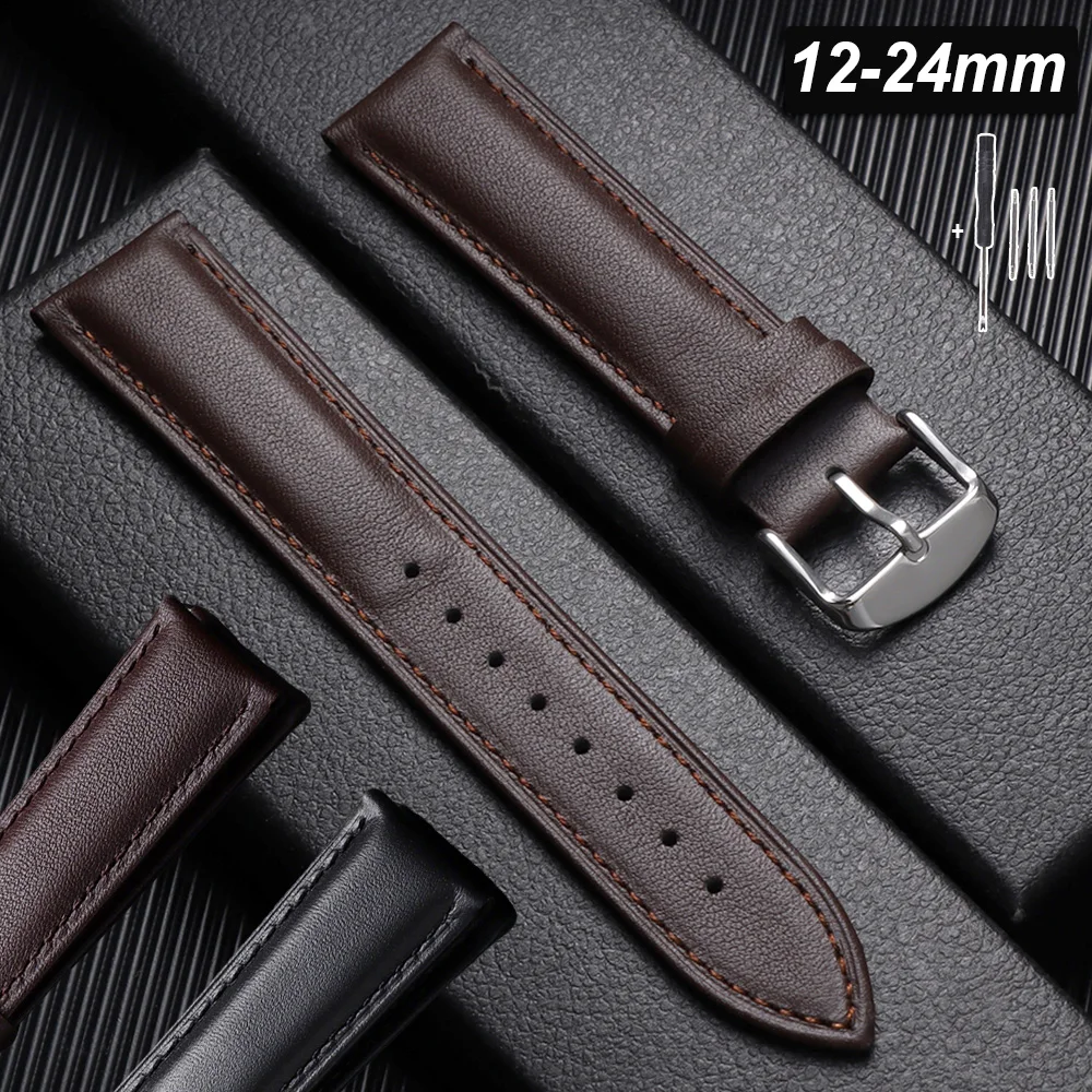 

Thin Wristband Leather Watch Band 12/13/14/15/16/17/18/19/20/21/22/23/24mm Straps Brown Black Bracelet Universal Belt with Tool