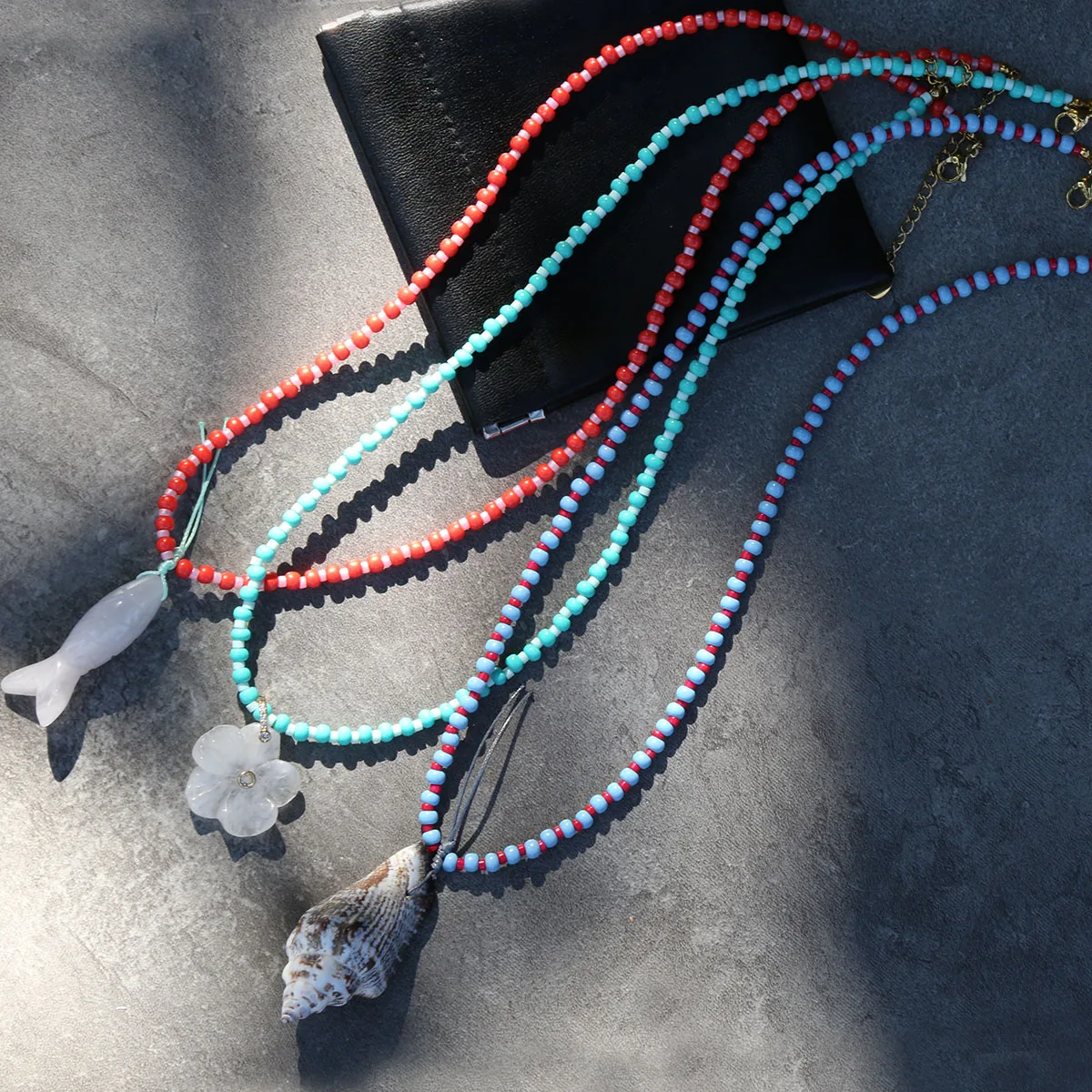 Bohemian style simple daily accessories long Glass seed beaded chain necklace natural conch white jade fish and flower pendant
