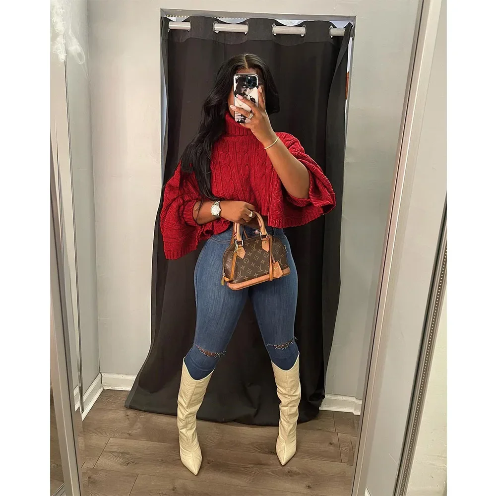 

Autumn Winter Loose Elegant Highneck Sweater Knit Tops Women High Collar Batwing Sleeve Office Ladys Knit Tops Women
