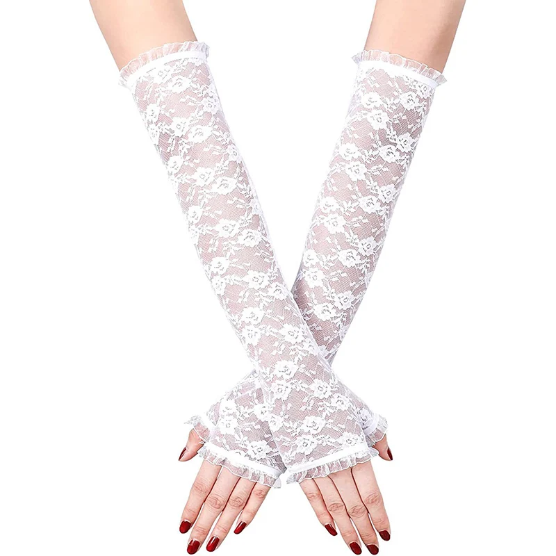 Long Lace Hollow-Out Fingerless Gloves Sun Protection Sleeves Mesh Lace Thin Cycling Sexy Accessories Black Bare Finger Gloves