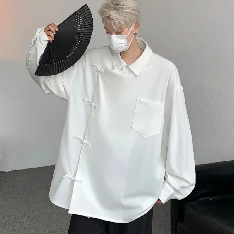 

Foufurieux High-end Chinese Style Buckle Long Sleeve White Shirt for Men Autumn Retro Loose Casual Shirt Oversized Coat Men Tops