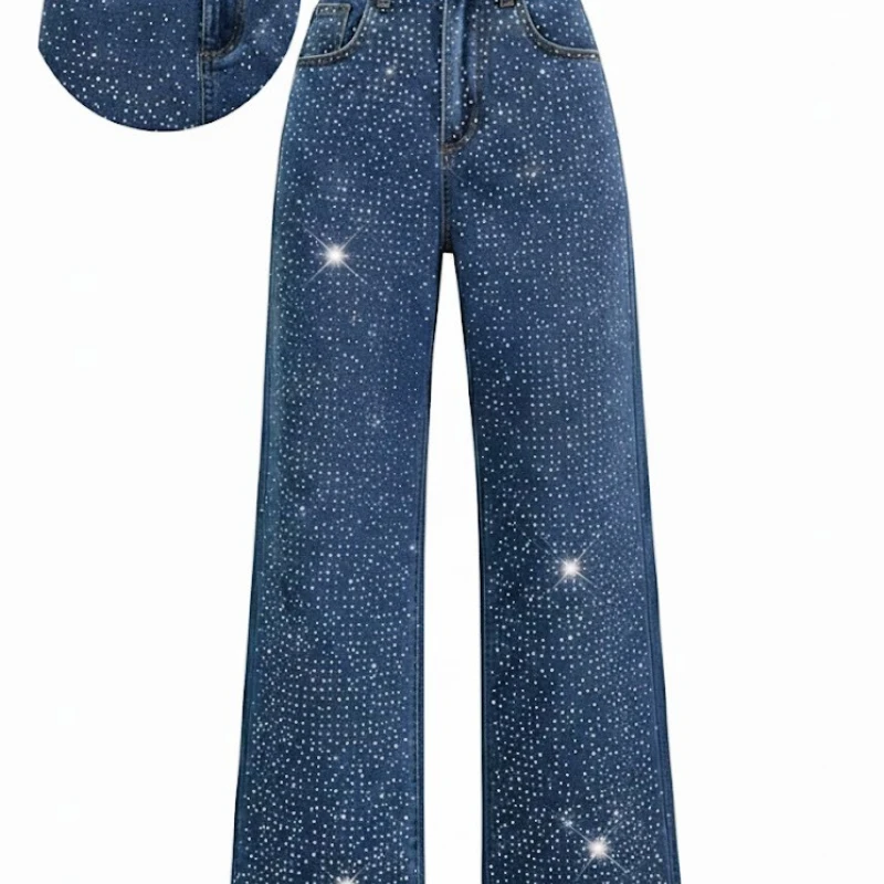 2025 Best Seller Women's Straight Leg Jeans | Stretch Denim with Beaded Embellishment, Comfort Casual Washed Jeans