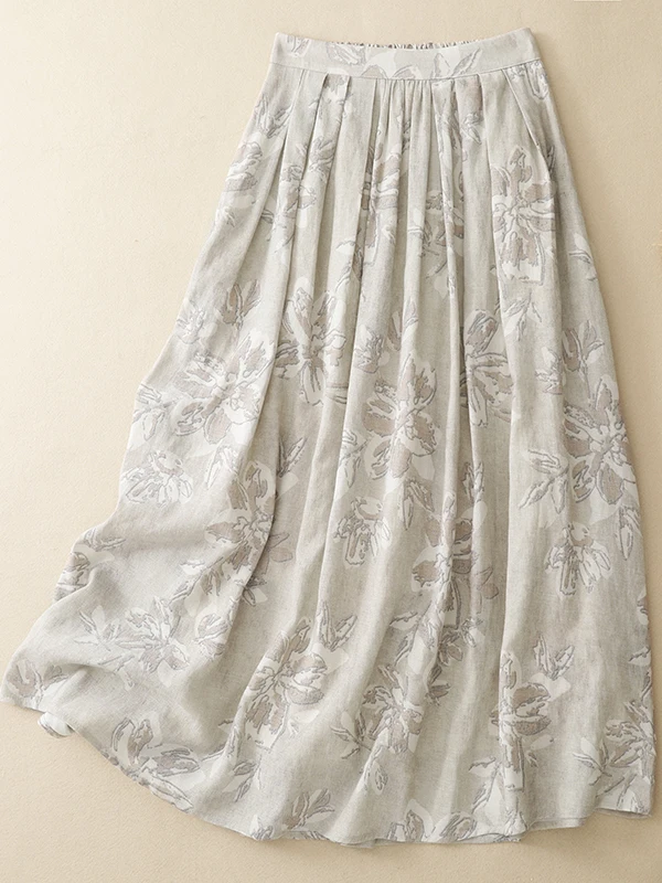

Romantic Print Cotton Linen A-Line Skirt High Waist Elastic Waist Slimming Summer New Arrival plus Size Women's Skirts