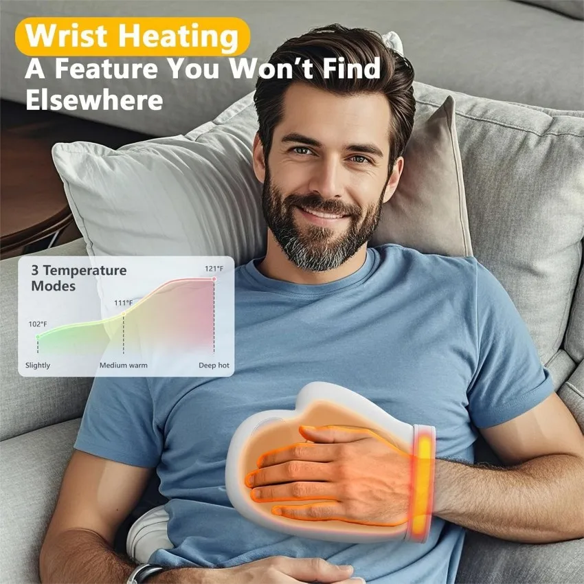 Immagine 4: Massaggiatore per Mani Personalizzabile con Calore e Compressione, 3 Modalità di Massaggio, 3 Temperature, Massaggiatore per Dita per Artrite