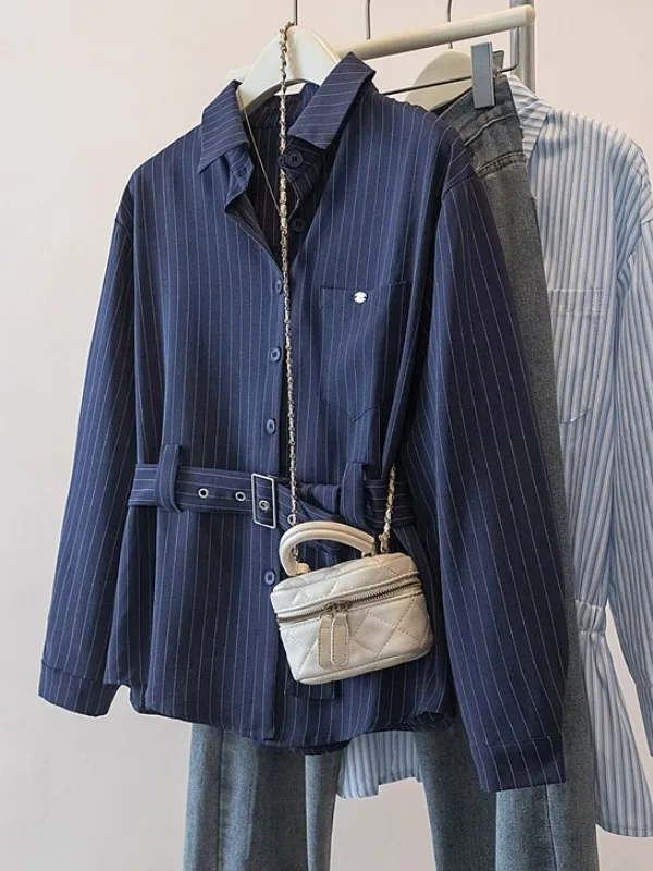 

Женская полосатая рубашка больших размеров с длинным рукавом, свободного кроя, скрывающая недостатки фигуры, универсальная, повседневная, весна 2026, модный тренд