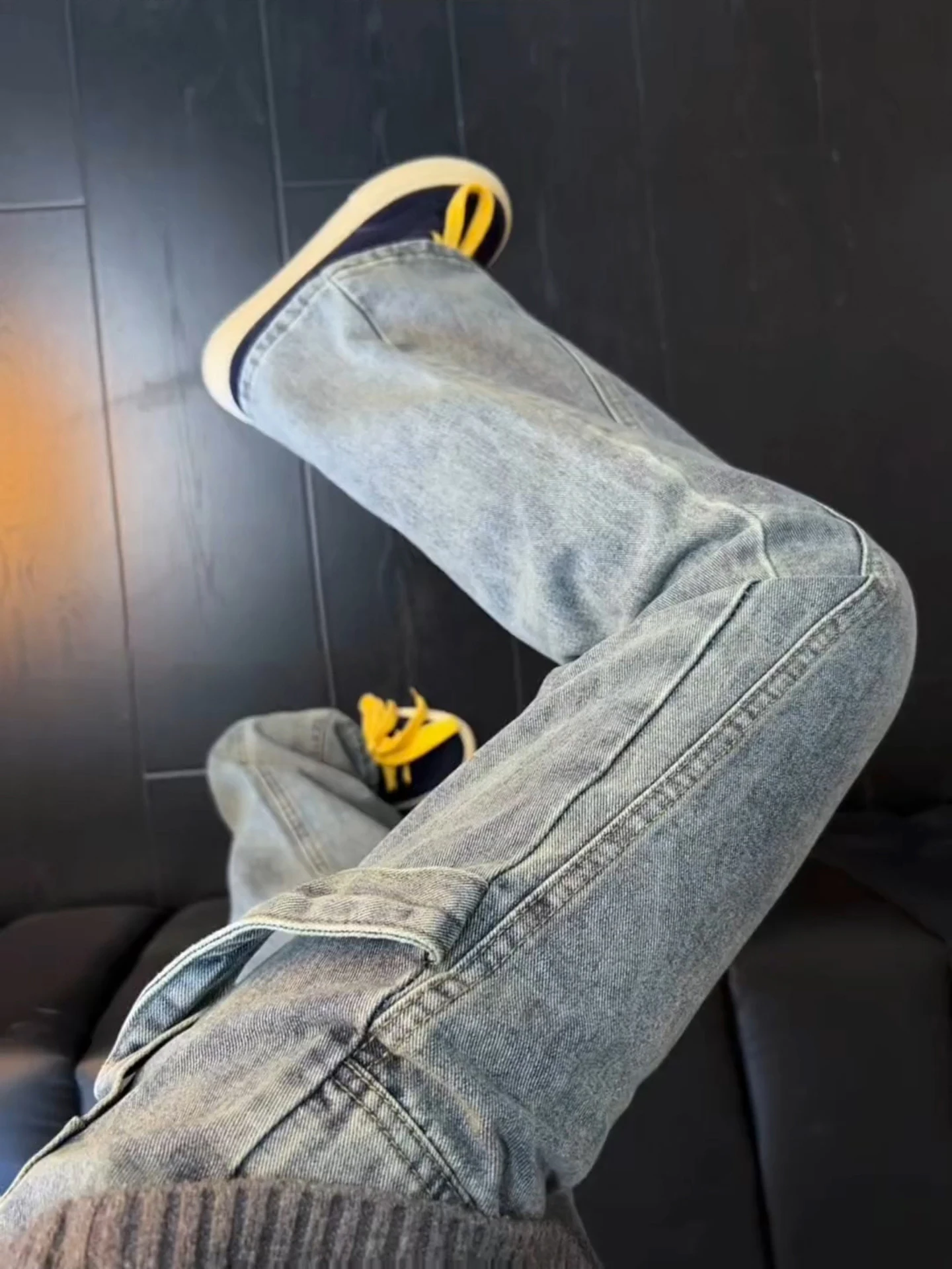 

Light Blue American Sle Slanted Cut Jeans Men's Winter Cleanfit Logging Work Pants Slim Straight Leg Micro Flared Pants