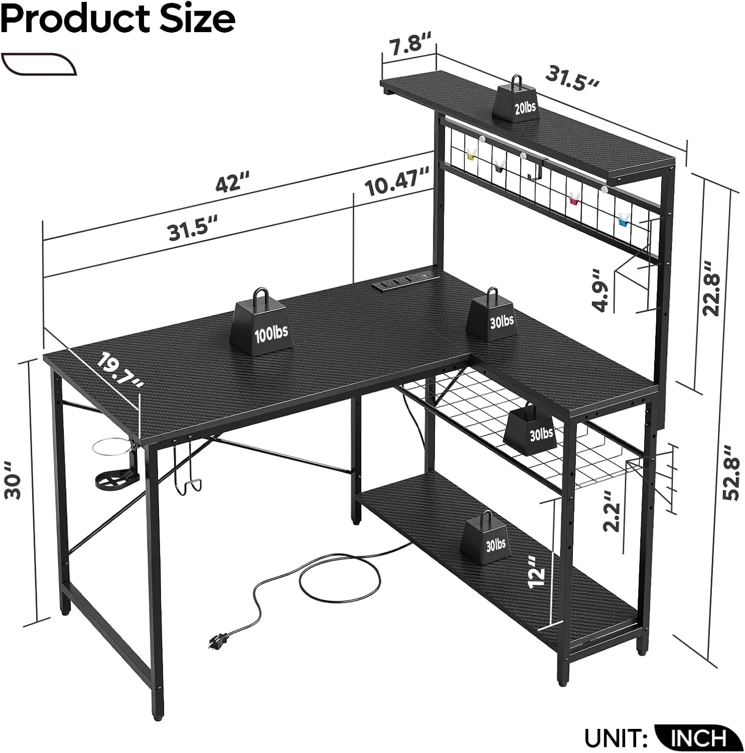 42 L Gaming Desk,Computer Desk with Power Outlets, LED Lights, Reversible Corner Desk with 4-Tier Shelves,Cup Holder & Hook Carb