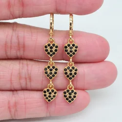 Fashion Jewelry Gold Color Women Black CZ Zircon Love Hearts Long Dangle Earrings