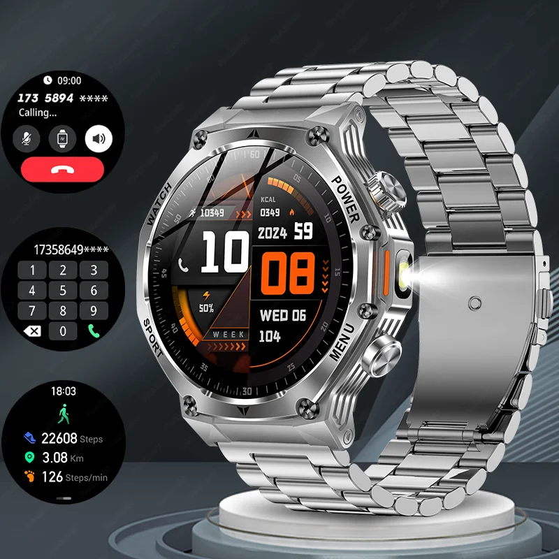 

2025 Men's LED Flashlight Outdoor SmartWatch 800mAh Large Battery 1.8inch HD Large Screen Bluetooth Call Health Monitoring Watch