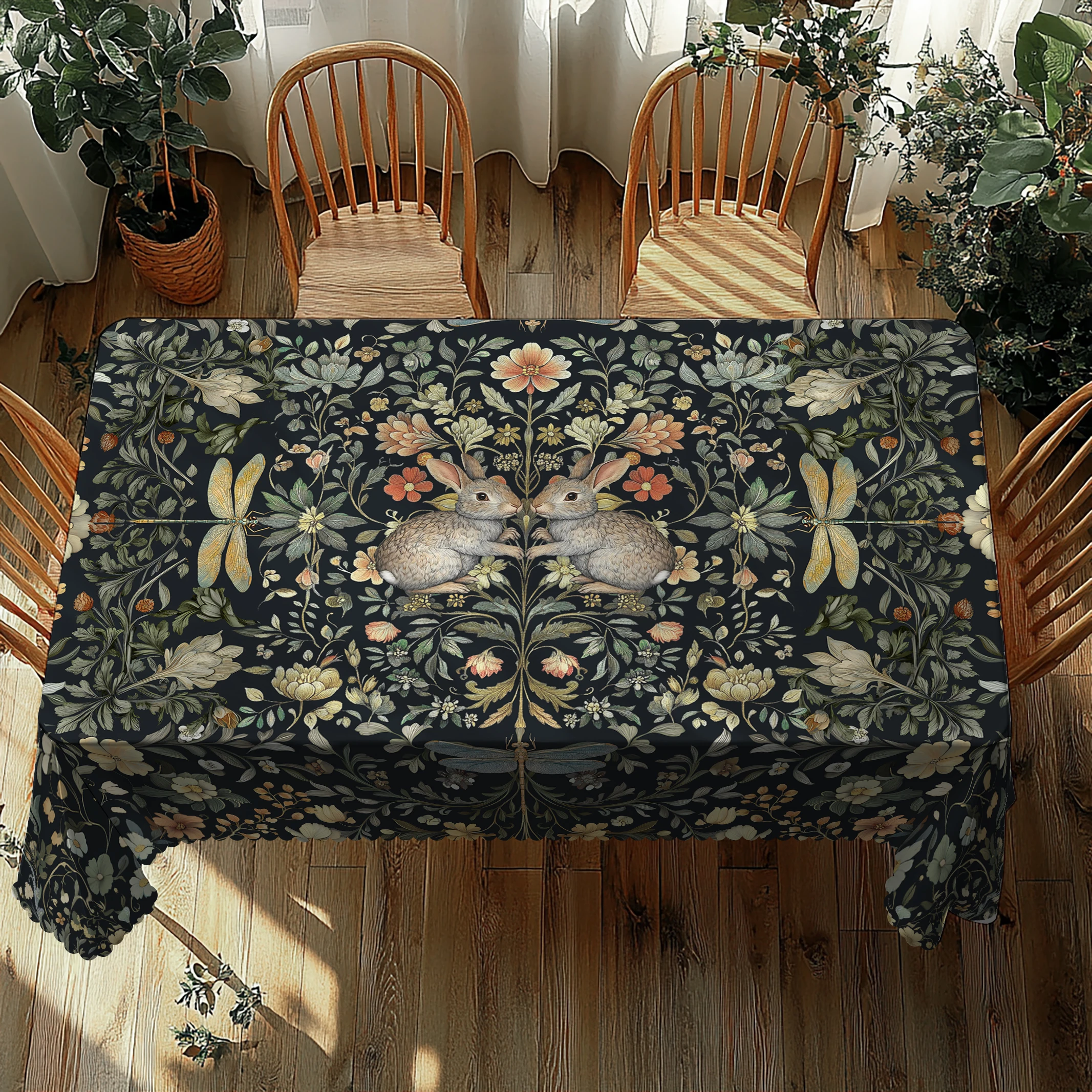 1 Piece, William Morris Retro Style Tablecloth + 4 Self-Adhesive, Country Farm Flower Dragonfly Rabbit Pattern, Easter Rabbit Tablecloth, Round and Rectangular Tablecloth, Embossed Edge, Durable Woven Polyester Fabric, Suitable for Home Kitchen, Outdoor Garden, Holiday Party, Restaurant and Banquet Decoration, Party Event Decoration, Universal for All Seasons, Indoor and Outdoor Use, Perfect Gift-Oo-035