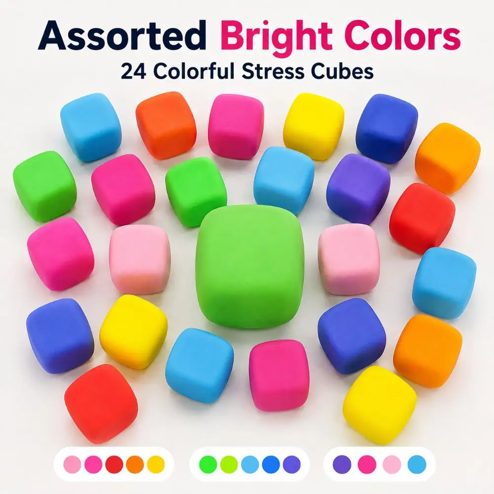 24PCS Dough Filling 3.5cm Stress Cube TPR Slow Rise Sensory Stress Toy Flour Filled Stretchable Stress Relief Toy for