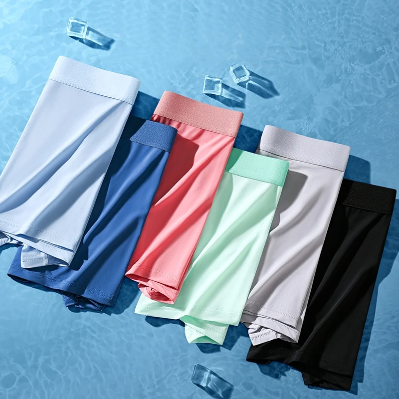 Shorts de quatro cantos respirável masculino confortável, cuecas de seda gelo meados ascensão, boxer de canto plano