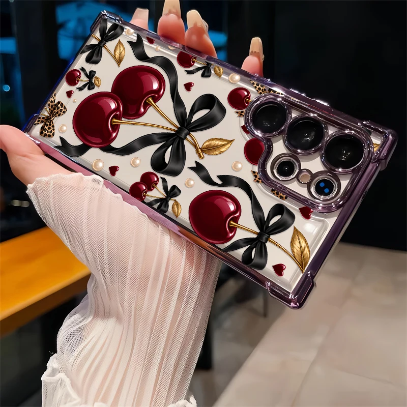 Luxury Wine Red Cherry Leopard Print Phone Case For Samsung Galaxy S26 Ultra S25 FE Edge S24 Plus Dustproof Clear TPU Cover Etui