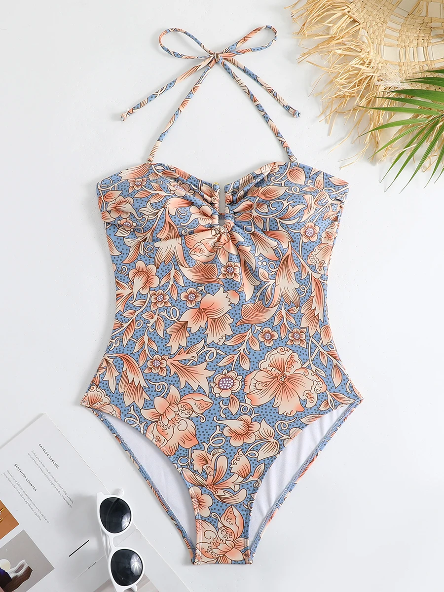 

2025 Floral Halter Swimsuit U Neck Monokini Women One Piece Sexy Swimwear Female Beachwear Bathers Bathing Swimming Swim Suit