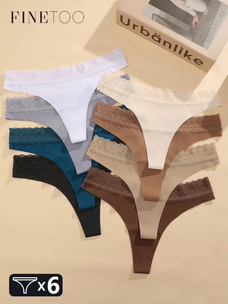 FINETOO 6 Stück Damen-Spitzen-Tangas, sexy, nahtlos, niedrige Taille, Höschen, weiblich, bequem, einfarbig, G-String, dehnbar, Dessous, XS-XL