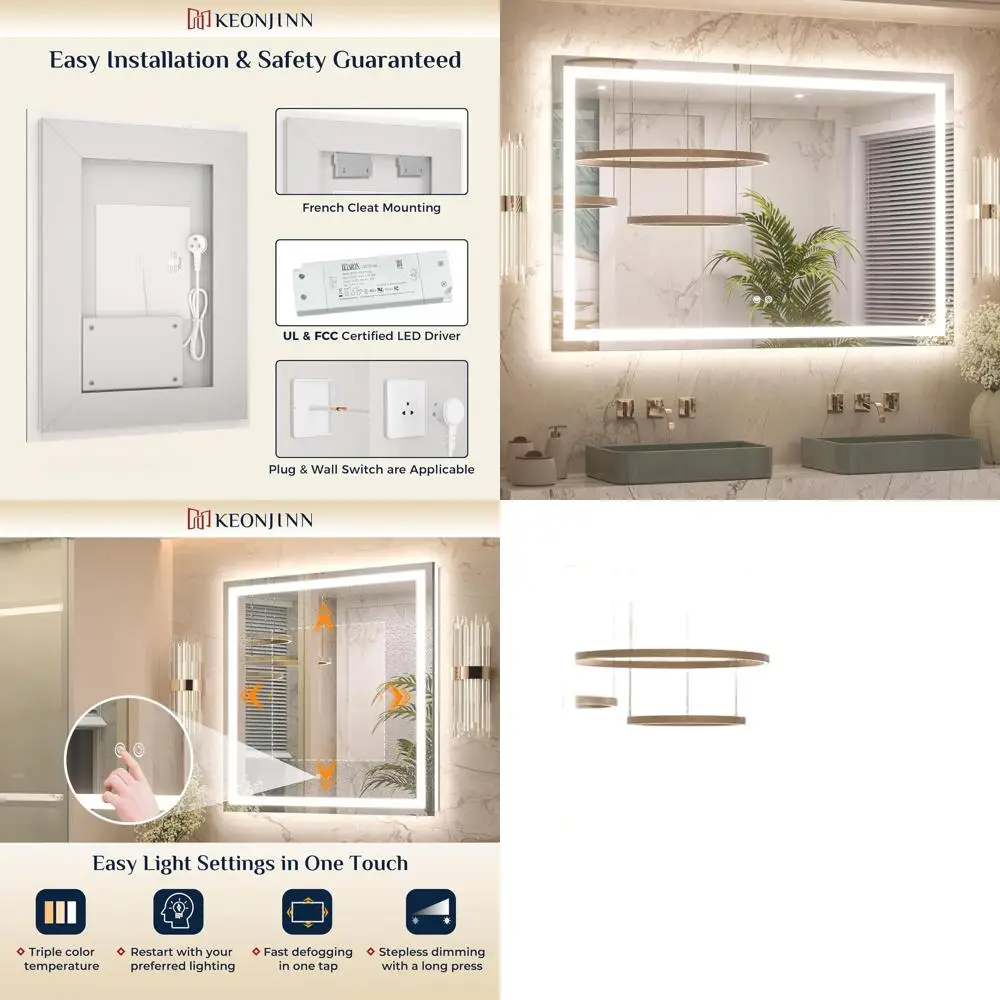 

Зеркало для ванной комнаты со светодиодной подсветкой 48x30 и противотуманным покрытием, 3-цветная подсветка, закаленное стекло HD, драйвер со списком UL, CRI90+