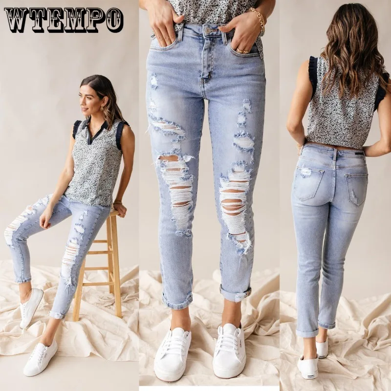 WTEMPO Women's Cropped Broken Hole Jeans Washed Jean Pants Capris Comfortable Denim Trousers Sexy Fashion Y2k Pencil Pants