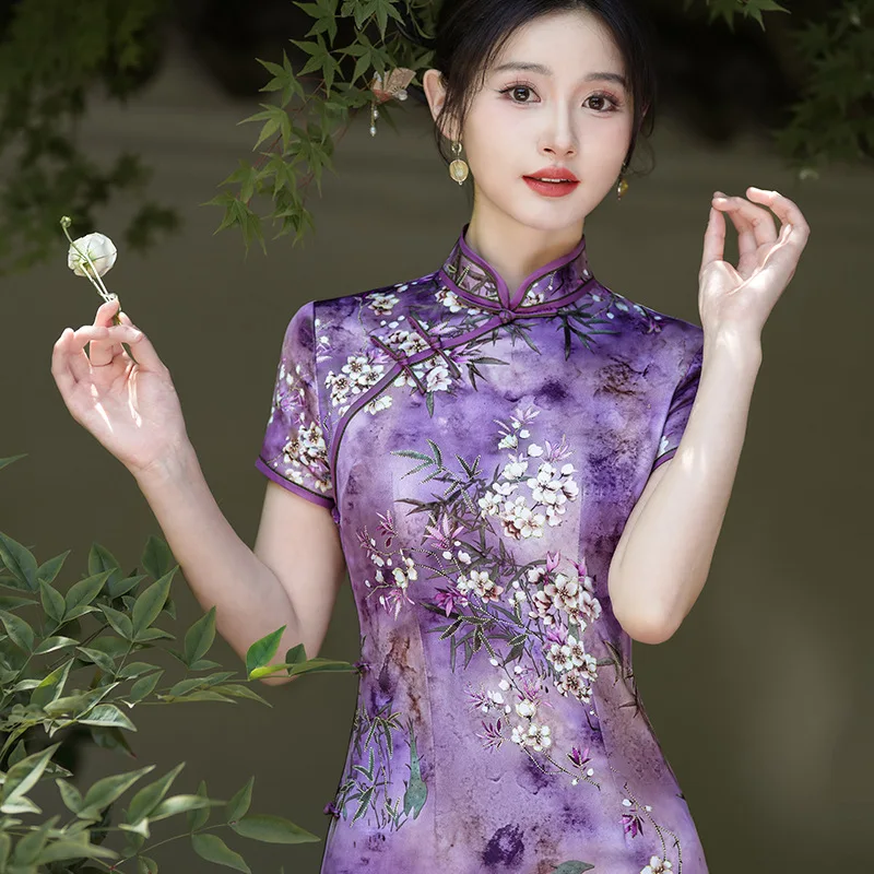 Chinese Style New Summer Autumn Cheongsam Long Dress Retro Banquet Double-Layer Performance
