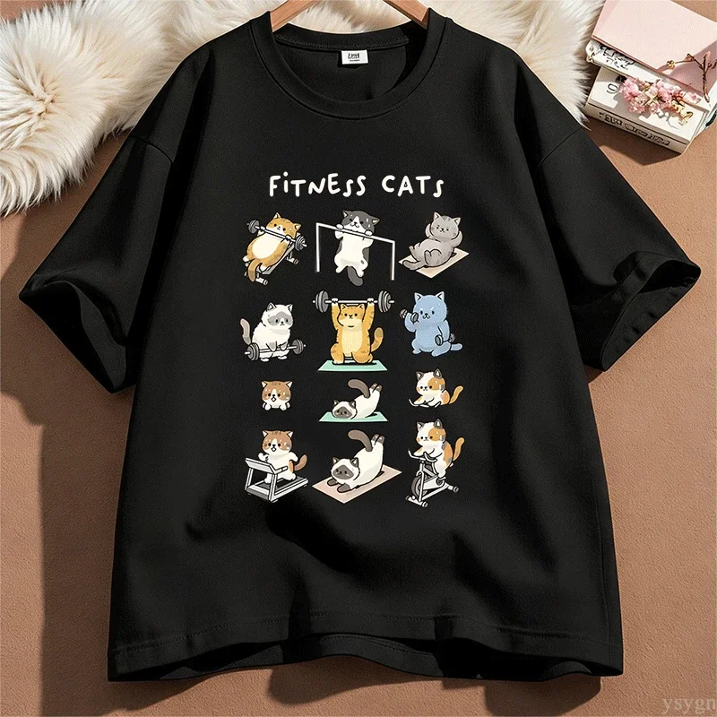 Funny Cat T-Shirt Men Women Fitness Cats Gym Workout T Shirt Husband Gift for Him Round Neck Printed Streetwear Clothes
