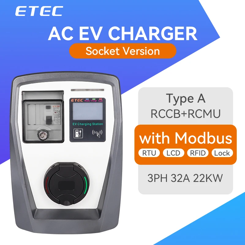 ETEC Home EV Charger Station Wallbox with Socket Electric Car Type 2 Plug 22kW 32A 3 Phase Modbus RTU LCD RFID Card AC 220V 230V