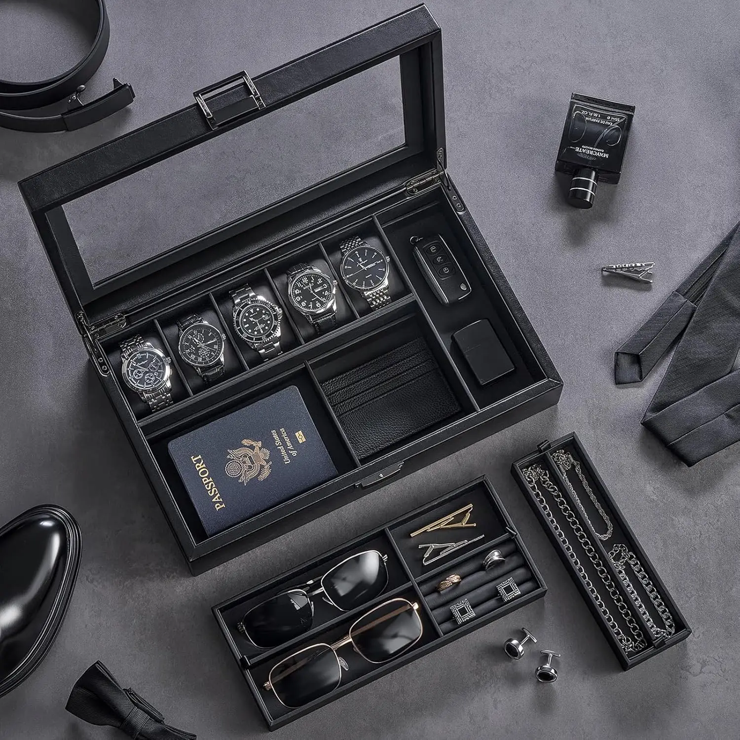 

Men's Wooden Watch Box with Glass Lid, 5-Slot Storage for Jewelry and Accessories, Hidden Compartment, Black