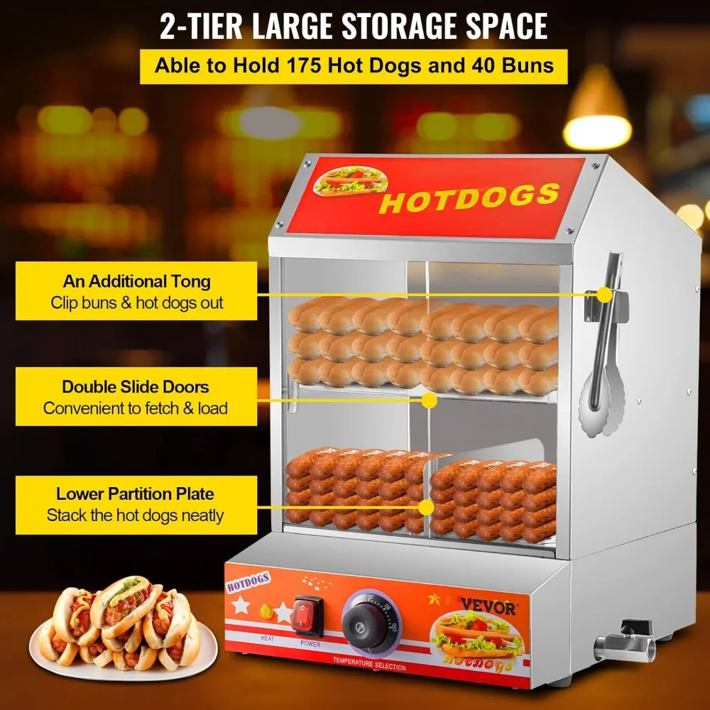 Hot Dog Steamer com Vidro Temperado, Fogão Elétrico Bun Warmer, 2-Tier Hut Steamer para 175, 40 Buns, 27L, 28.54Qt