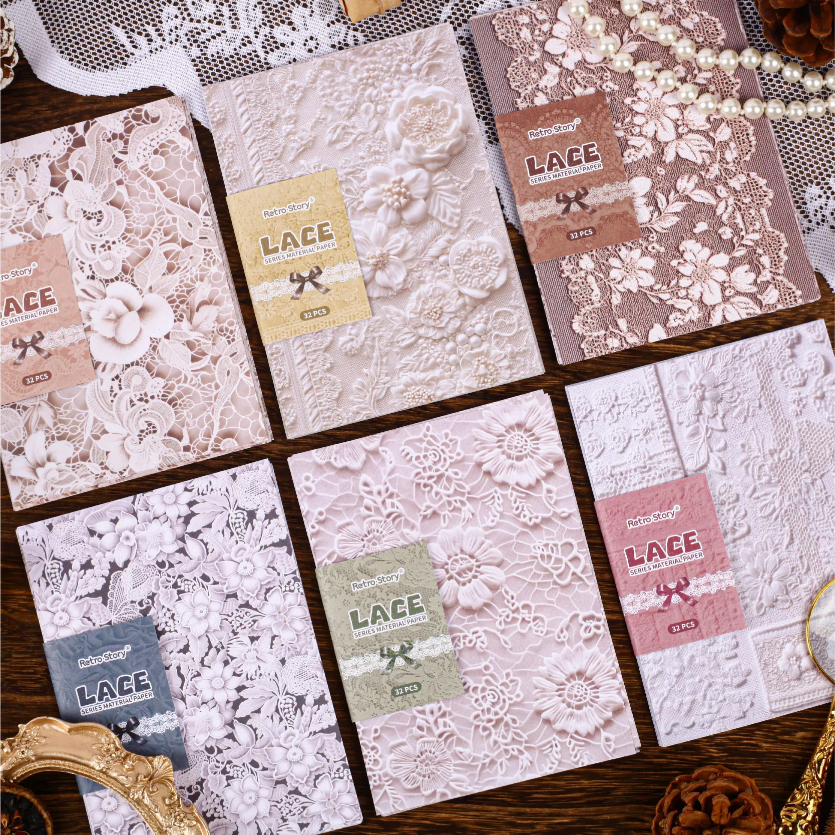 

32pcs/lot Memo Pads Material Paper lace Junk Journal Scrapbooking Cards Retro Background Decoration Paper