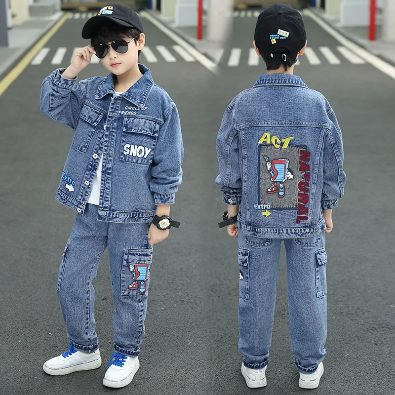 

Fashion Winter 2026 Boys Children's Clothing Set - Button Denim Jacket And Print Cargo Pants for Teenagers Kids Aged 4-12