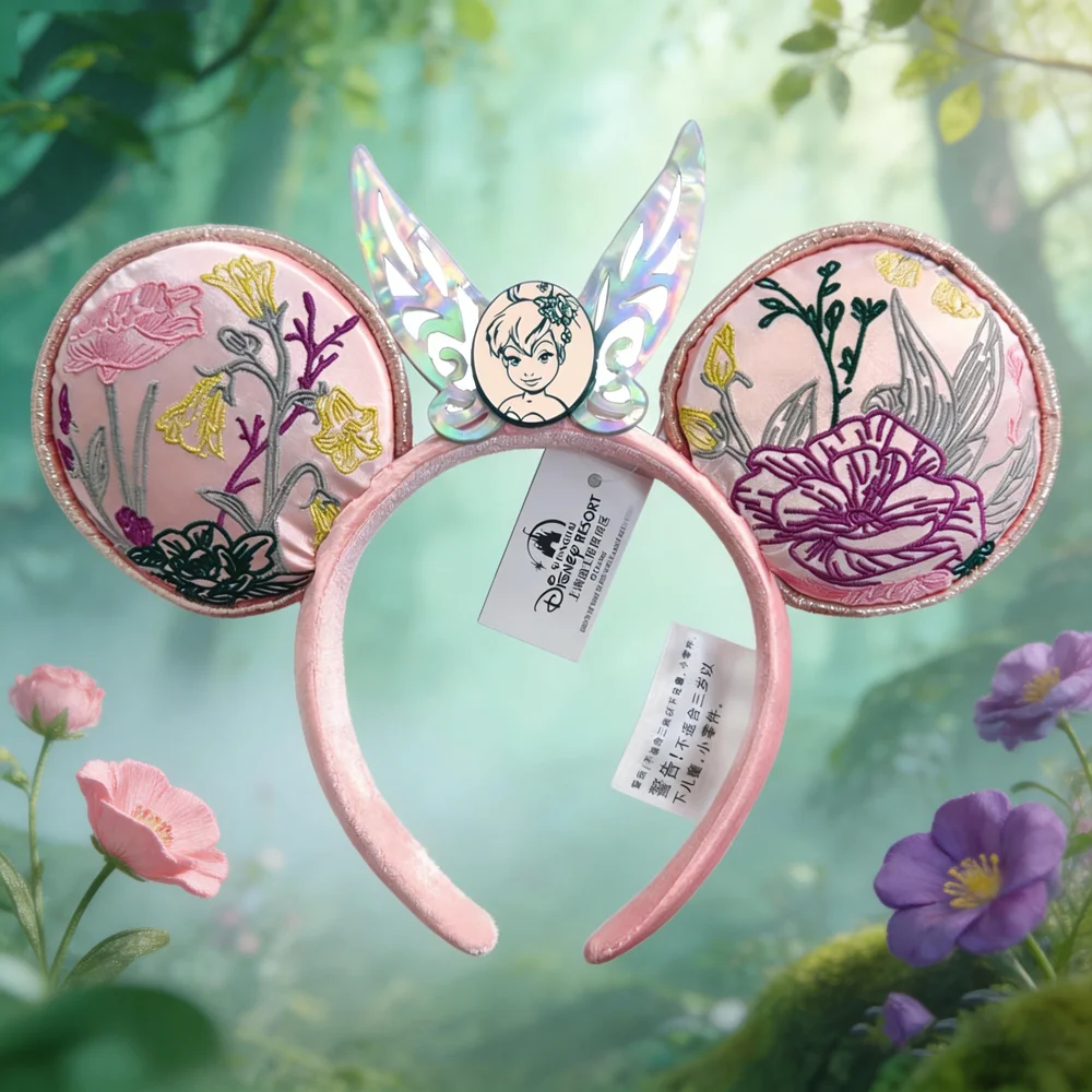 

Disney Princess Series Minnie Mouse Ear Headband Disneyland Little Bell Fairy Adult/Women Pink Floral Embroidery Cosplay Gift