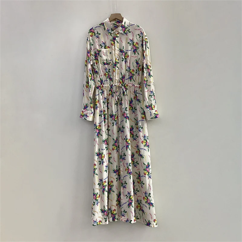 Zadig Women Dresses Fashion Floral Print Silk Long Robes Female Summer Classic Wings Print Casual Drawstring Lady Long Dress