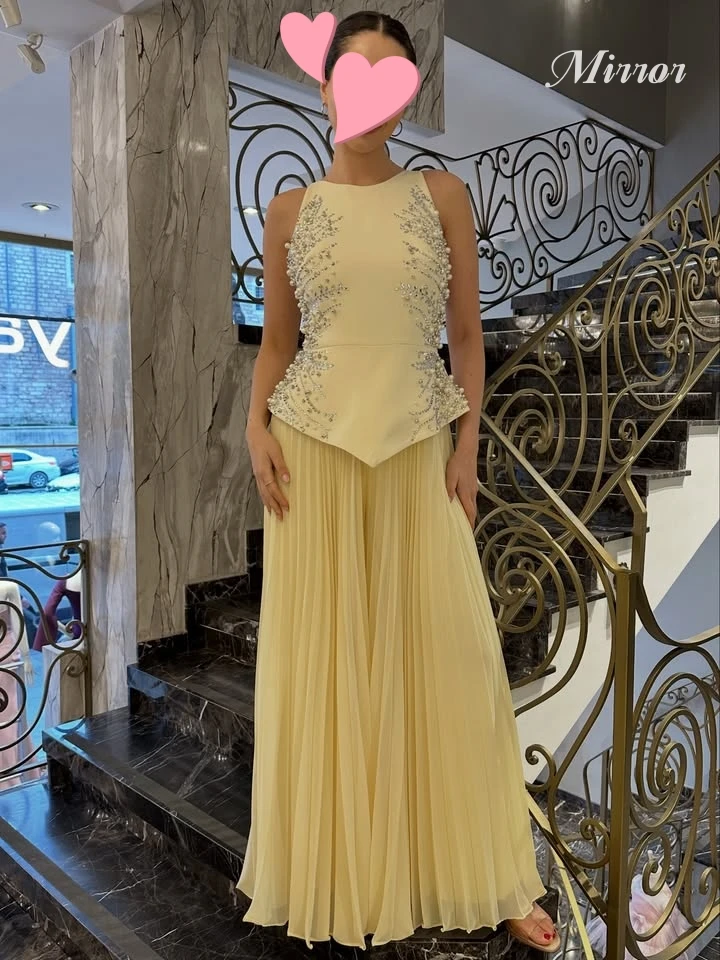

Mirror Dress Elegant Vintage Sweet Yellow Beads Pearls Ruffle Summer Customize Formal Occasion Prom Dress Evening Party Gowns