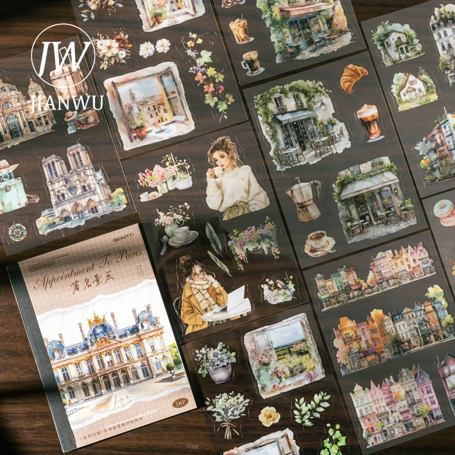 

JIANWU Go To Paris Series Vintage Character Flower Castle Landscaping Collage PET Sticker Book Creative DIY Journal Stationery