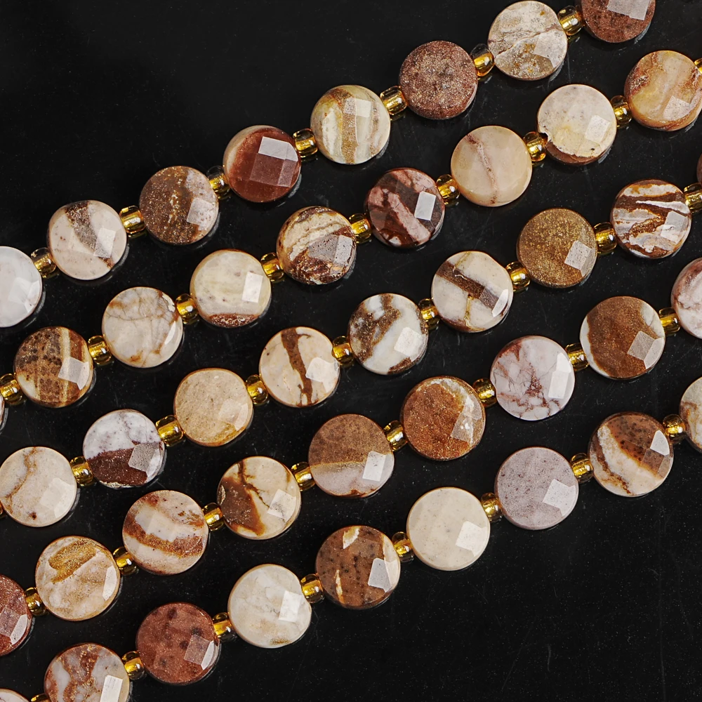 ZEBRA ROCK BEADS BROWN FACETED COIN SHAPE GEMSTONE LOOSE BEADS FOR DIY JEWELRY MAKING BRACELET NECKLACE GIFT ACCESSORIES BEADS