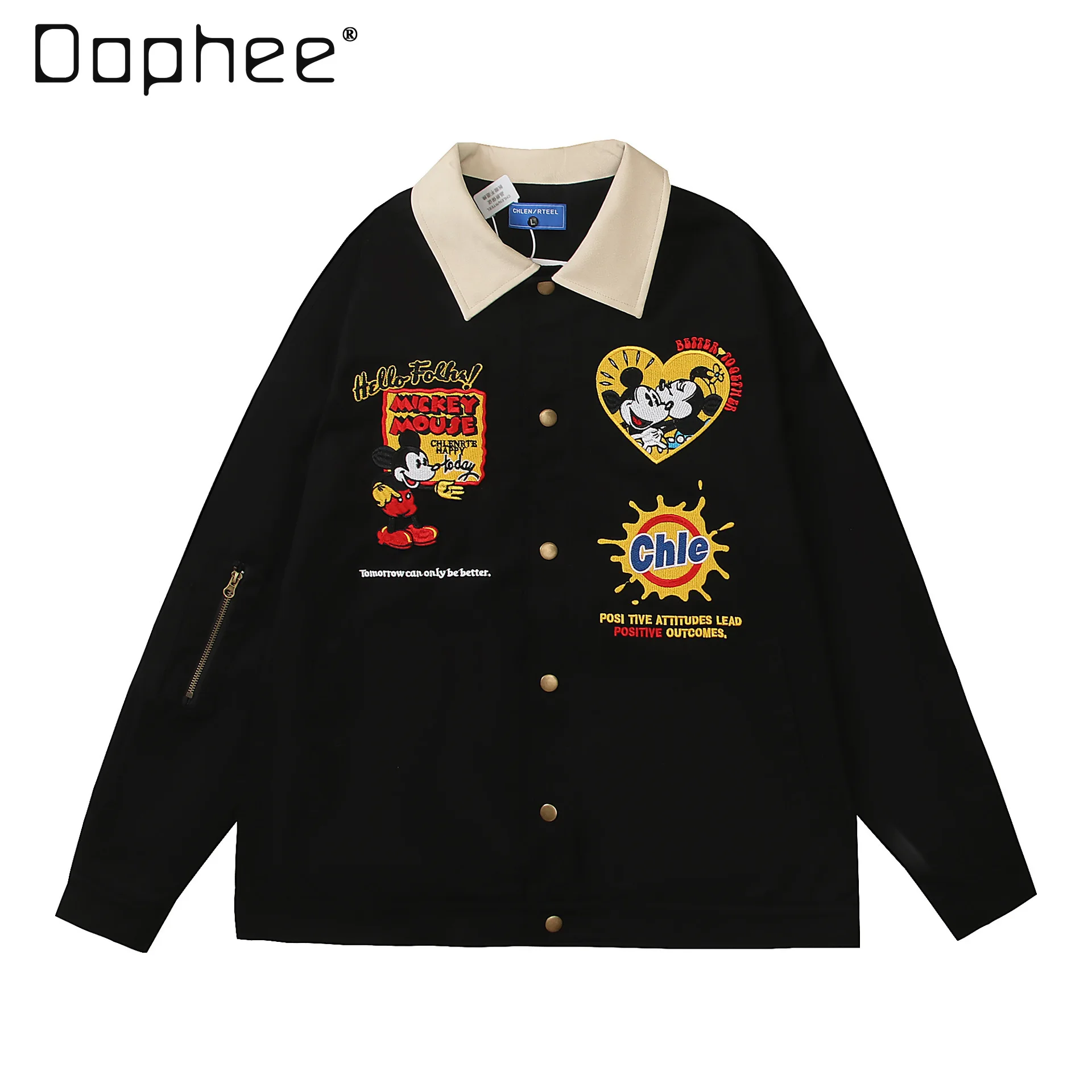 Couple Style Cartoon Pattern Jacket Women and Men 2024 Autumn New Lapel Splicing Long Sleeve Single Breasted Cartoon Coat