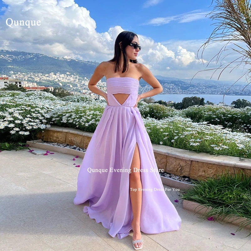 

Qunque Sleevelees Pleat Chiffon Evening Dresses Backless Beach Celebrity Gowns Dubai Split Lilac Party Customized Robe De Mariée