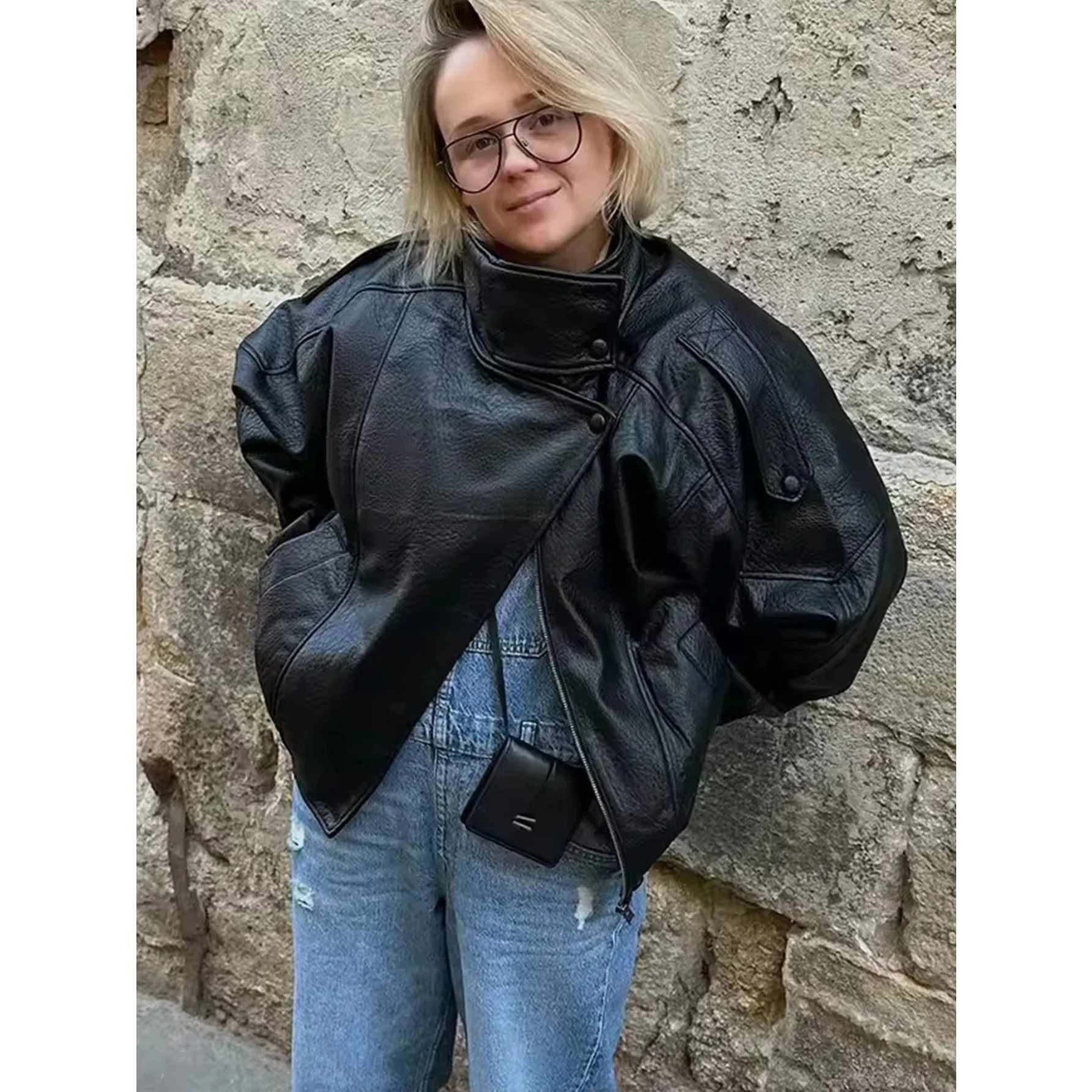 New Autumn Women's Motorcycle Sle ort PU Leather Jaet Long Sve Stand Collar Zipper Closure Regular Length Coat