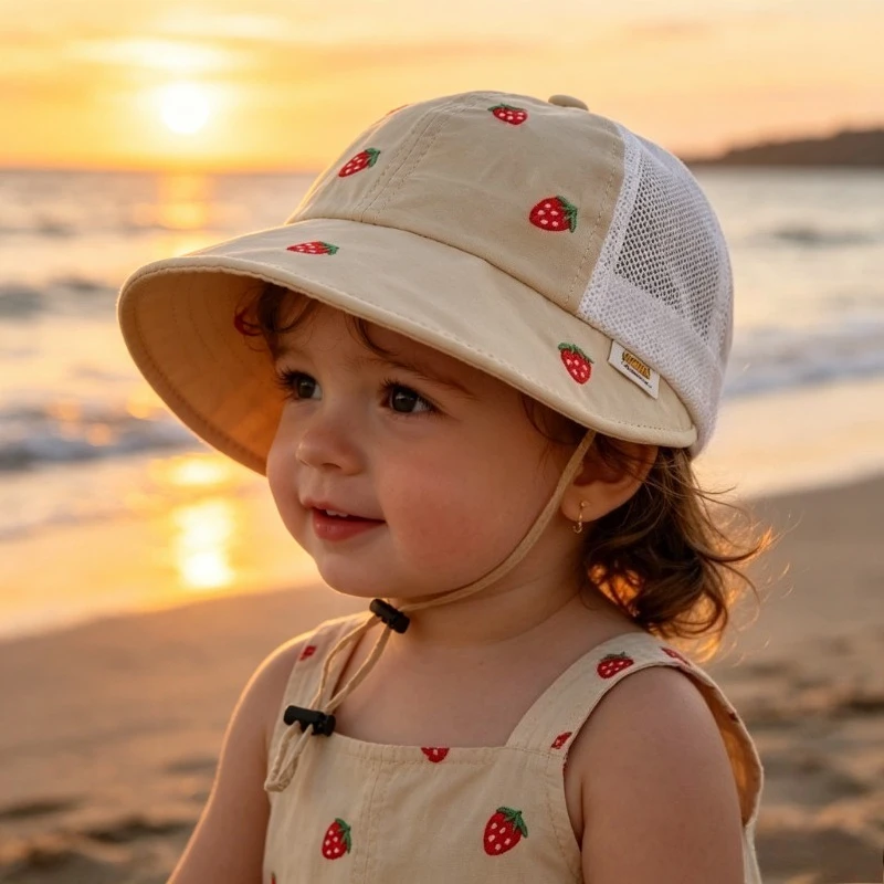 Baby Kids Summer Sun Hat 48-50cm 1-3 Years Breathable Mesh Fishing Hat Sweet Bucket Hat for Boys Girls UV Protection Cap Hats view 2