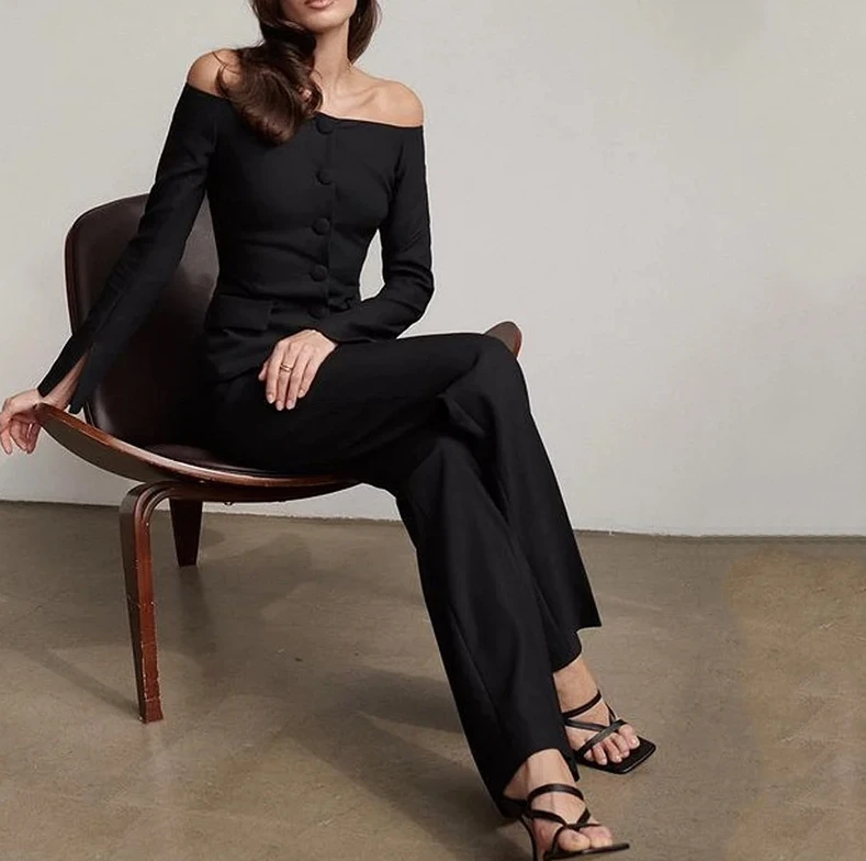 

Woman Top and Pants Suit Fall 2023 Fashion Winter Elegant Office Long Sleeve Off Shoulder Top Long Trousers Two Piece Outfit