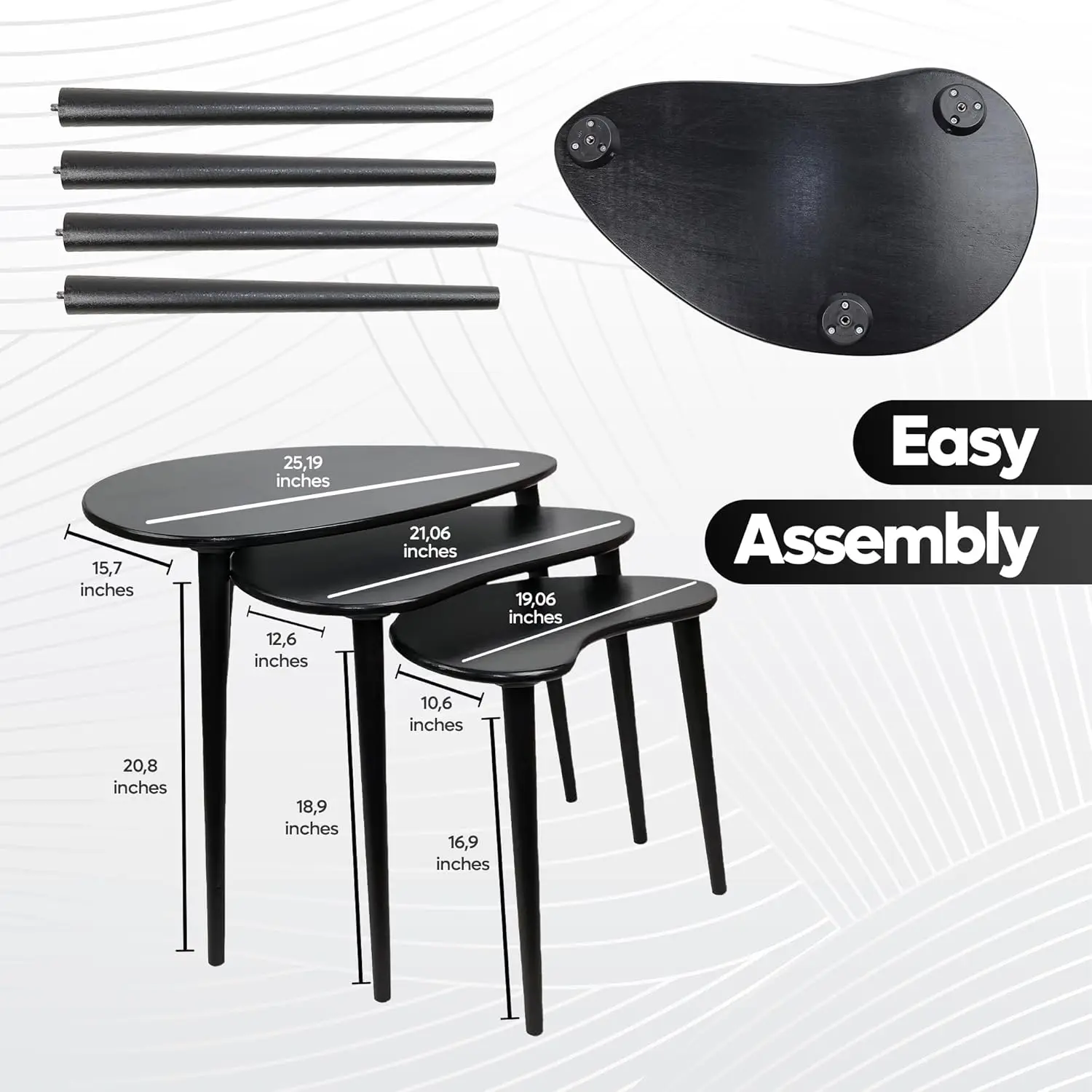 Solid Nesting Table Set Of 3, Birch Mid Pebble Tables With Wood Tapered Legs, Portable Modern Coffee Tables, Handmade Home