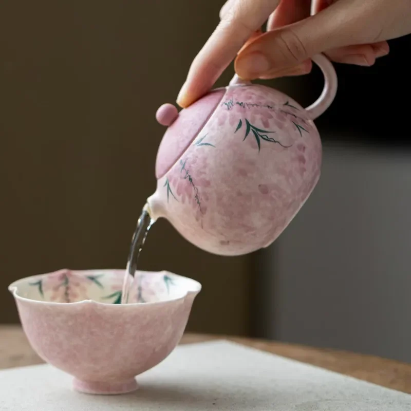 Hand Painted Wisteria Underglaze Porcelain Tea Set Elegant Chinese Kung Fu Teapot and Teacup Set with Cloth Bag