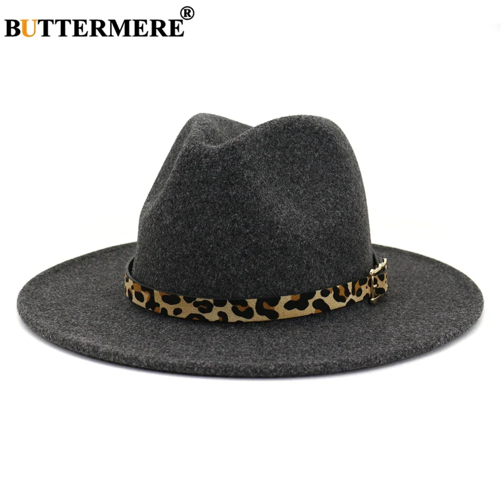 

BUTTERMERE Wool Fedora Hat for Women Men British Style Vintage Wide Brim Fedoras Felt Hat Jazz Leopard Decorate Couple Cap