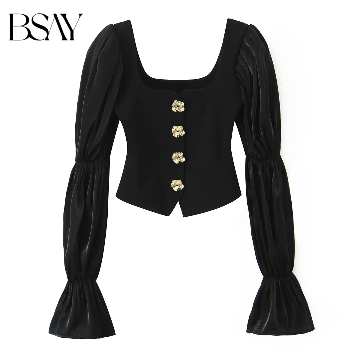 

BSAY Spliced Elastic Top for Women Fashion Autumn Winter New Solid Long Sleeved Single Breasted Square Collar Chic Ladies Tops