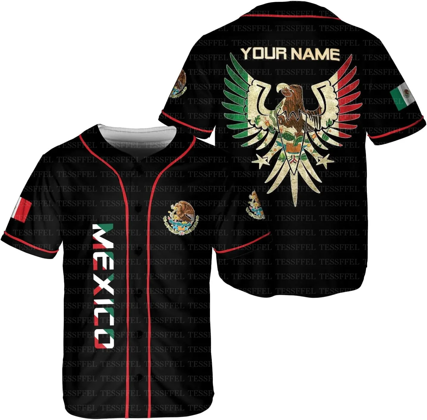 Custom Name Country Eagle Mexico Flag Vintage Unisex Retro Baseball Jersey Shirts 3D Print Summer Pullover Casual Short Sleeve A view 2