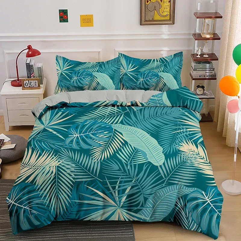 Tropical Botanical Leaves King Queen Duvet Cover Green Palm Leaves Polyester Bedding Set for Kids Teens Adults with Pillowcase
