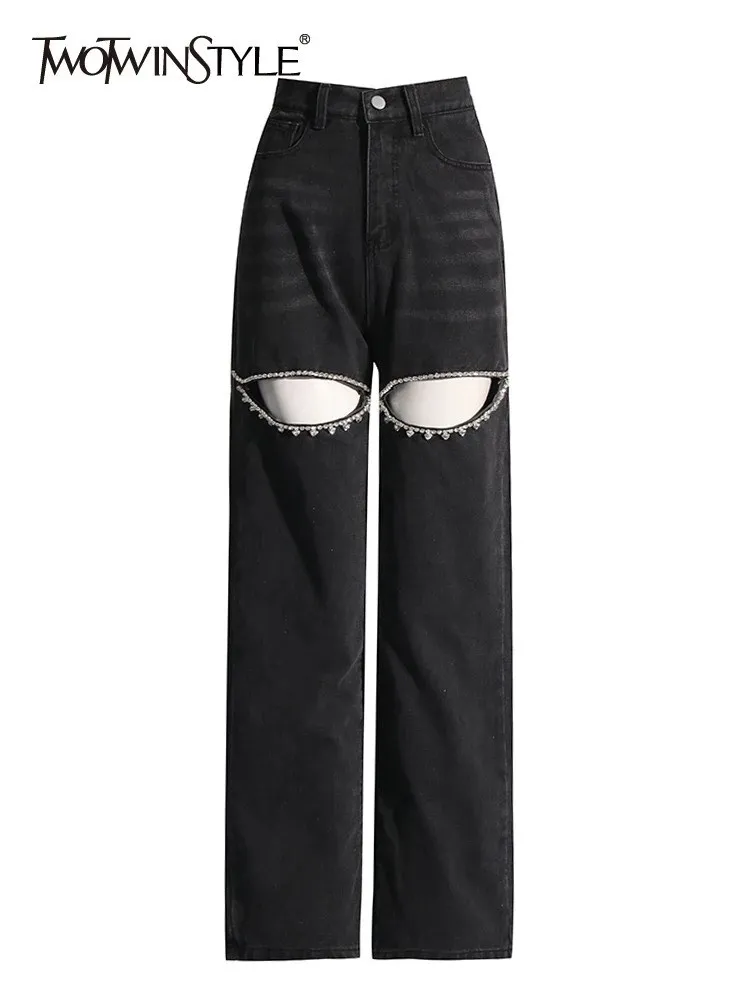 Twotwwinstyle patchworkowe diamenty wydrążone dżinsowe spodnie dla kobiet z wysokim stanem, szykowne, szykowne spodnie z szerokimi nogawkami moda damska