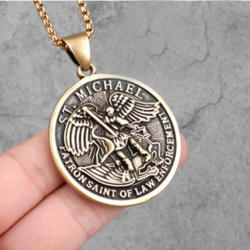 Retro Archangel Michael Figure Pendant Necklace Alloy Material Belief Theme Neck Ornament For Men Religious Gift Jewelry
