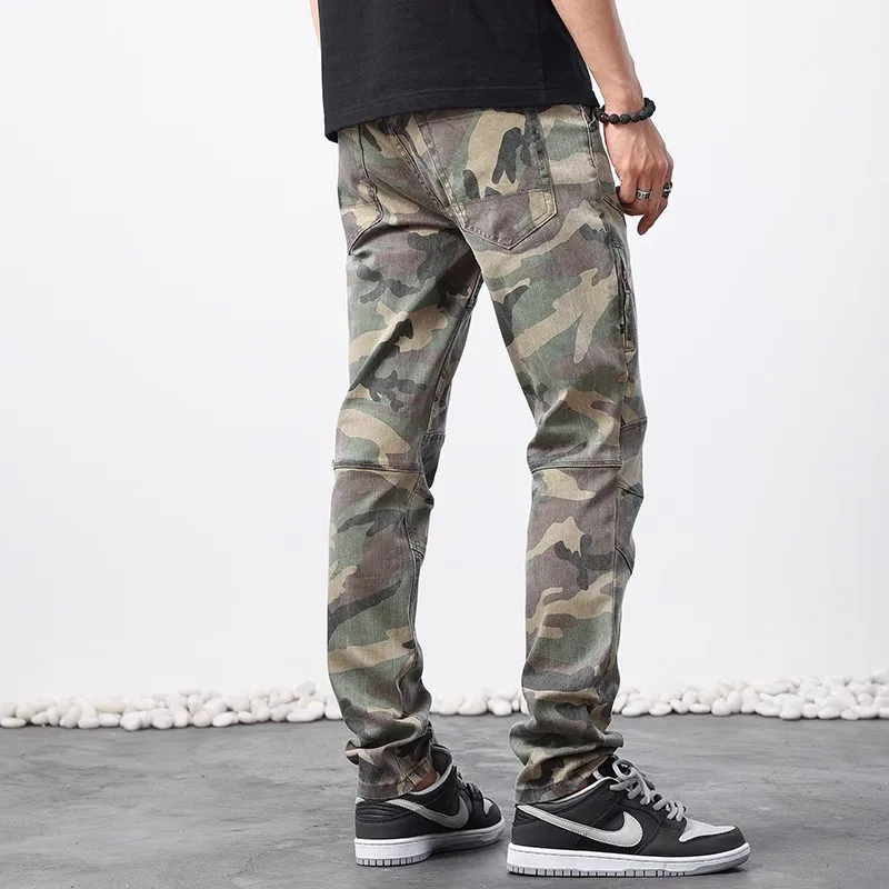 Street Designer Fashion Men Jeans Stretch Slim Fit Spliced Camo Cargo Pants Street Hip Hop Vintage Casual Denim Pants Hombre