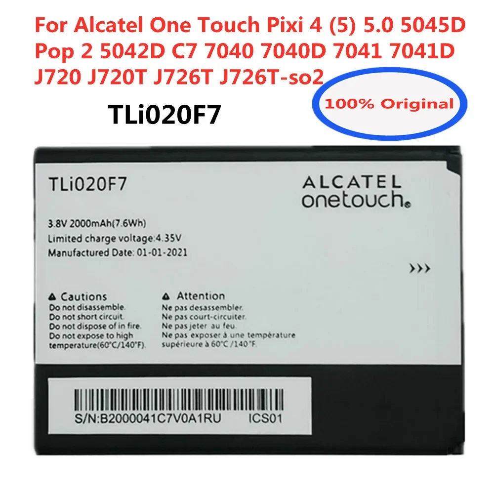 Оригинальный аккумулятор для телефона TLi020F7 для Alcatel One Touch PIXI 4 5045D Pop 2 5042D C7 7040 7040D 7041 7041D J720 J720T J726T-so2